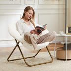DUMOS Saucer Chair, Cozy Faux Fur Folding Chair with Sturdy Metal Frame, Oversized Soft Plush Round Lounge for Bedroom Living Room Dorm, Anti-Slip Portable Moon Seat, White