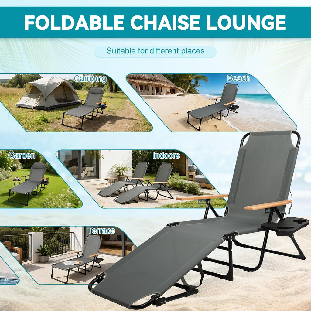 Beach Lounge Chair, Folding Outdoor Chaise Lounge Chair with Arms, 4-Position Backrest, Extended Sun Tanning Chair Pillow & Cup Holder, Patio Lounger for Outside for Beach Pool Patio Yard (Gray)