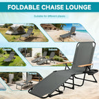 Beach Lounge Chair, Folding Outdoor Chaise Lounge Chair with Arms, 4-Position Backrest, Extended Sun Tanning Chair Pillow & Cup Holder, Patio Lounger for Outside for Beach Pool Patio Yard (Gray)