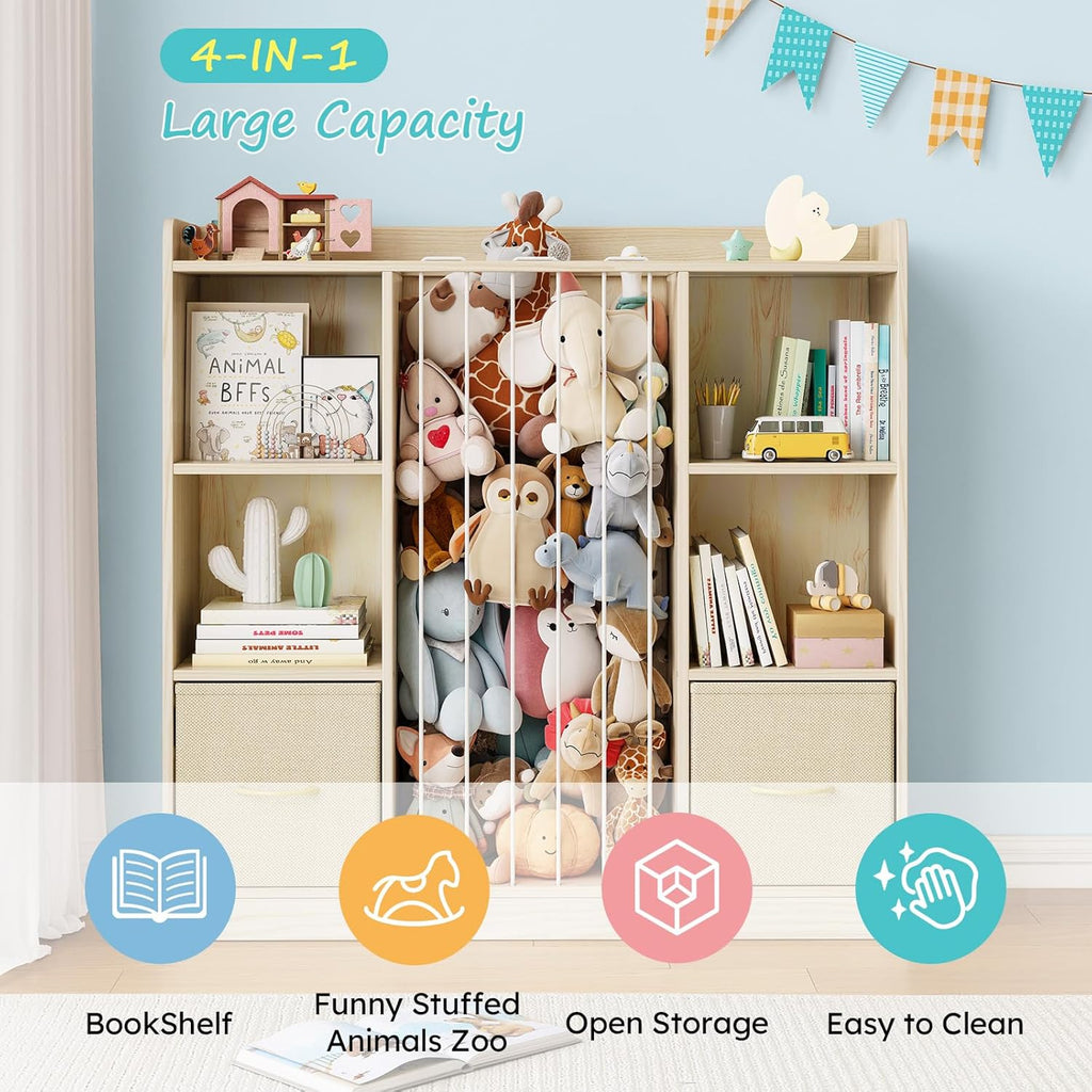 EXPERLAM 4-in-1 Toy Storage Organizer with Stuffed Animal Storage, Solid Pine Kids Bookshelf and Toy Shelf, 6 Cube Shelf with 2 Removable Drawers, Stuffed Animal Zoo for Kids Room, Playroom, Nursery