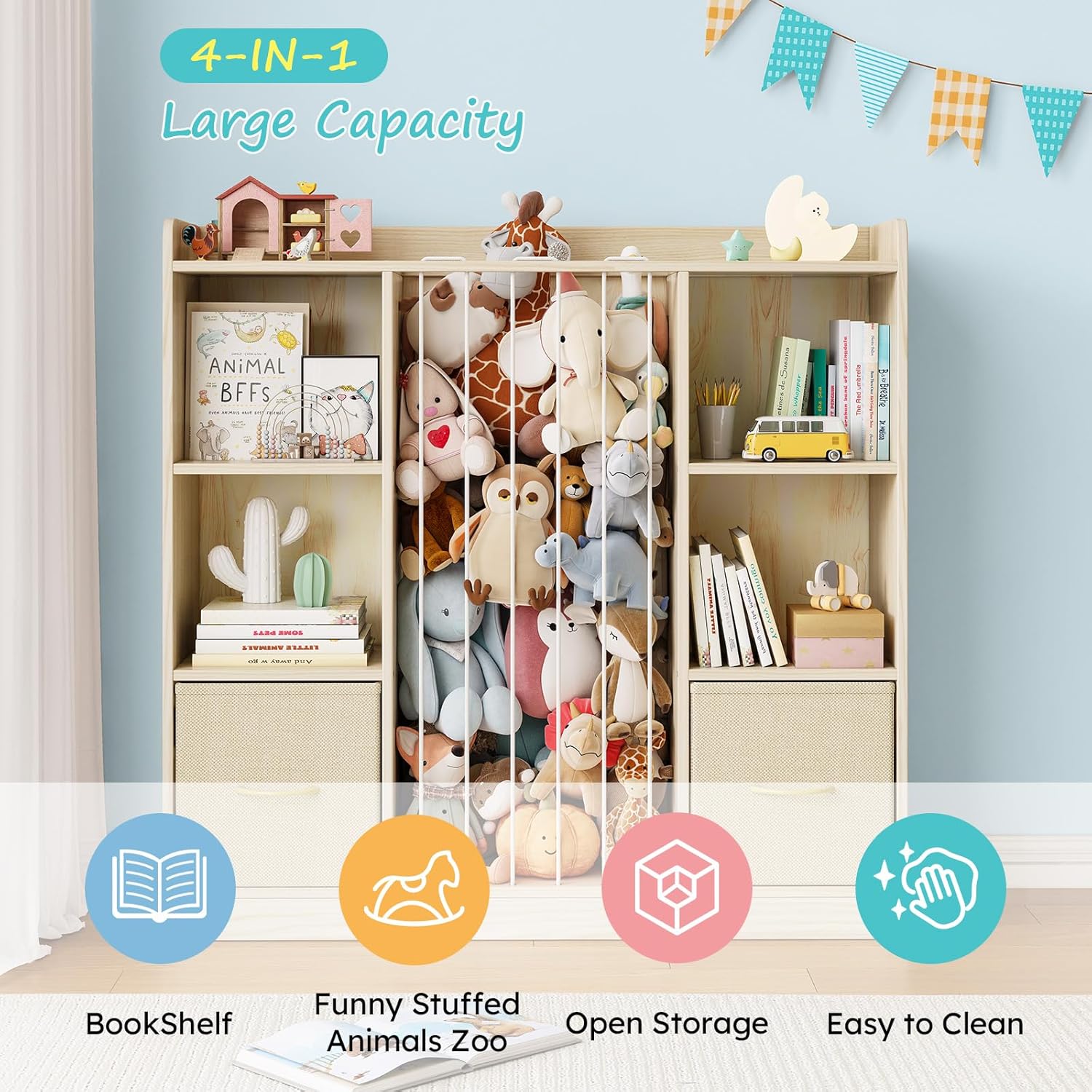 EXPERLAM 4-in-1 Toy Storage Organizer with Stuffed Animal Storage, Solid Pine Kids Bookshelf and Toy Shelf, 6 Cube Shelf with 2 Removable Drawers, Stuffed Animal Zoo for Kids Room, Playroom, Nursery