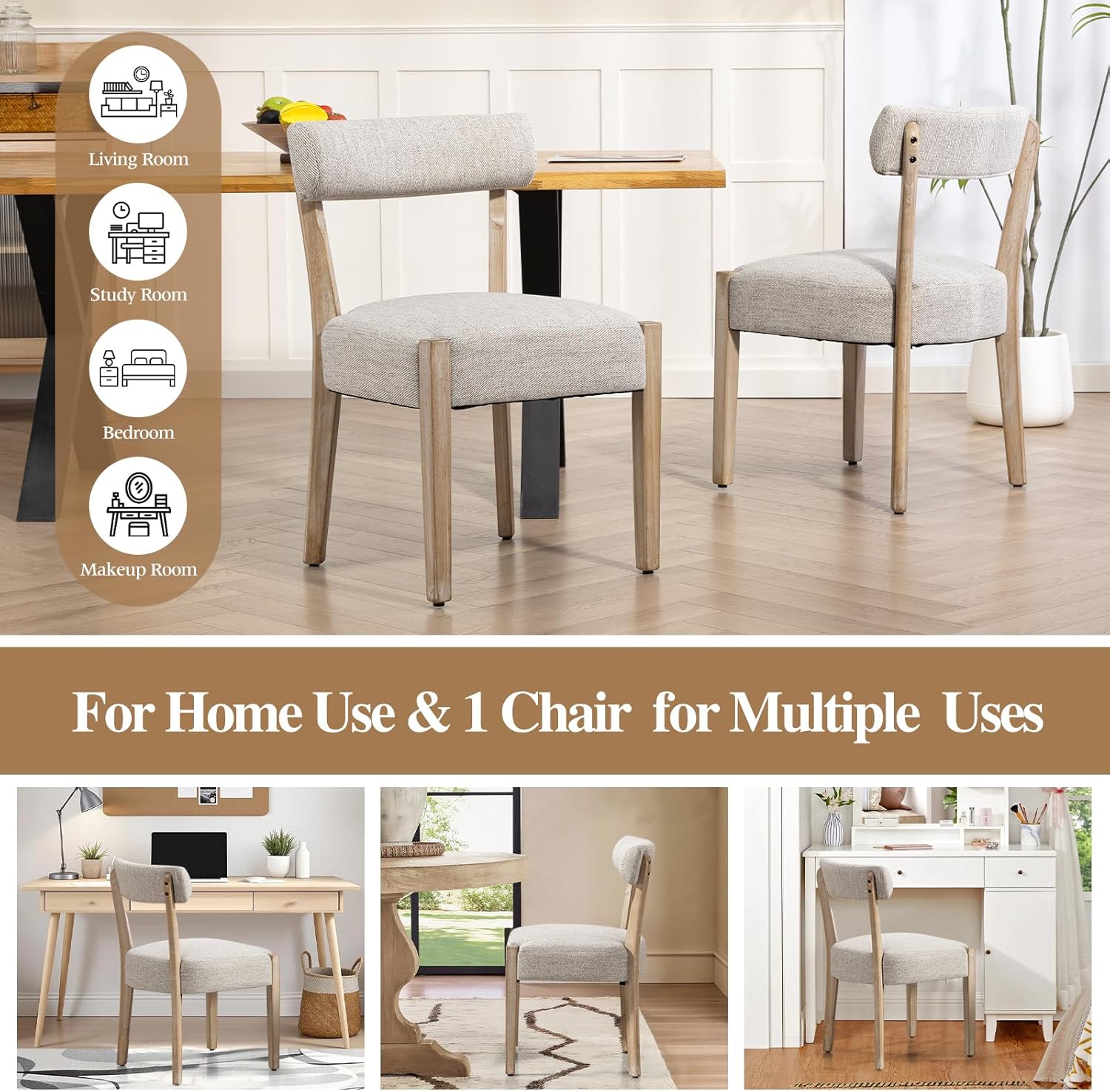 ZJhome Dining Chairs Set of 4,Mid Century Modern Dining Chair Set - Linen Upholstered Low Back Kitchen & Dining Room Chairs with Woven Design,Oatmeal Fabric