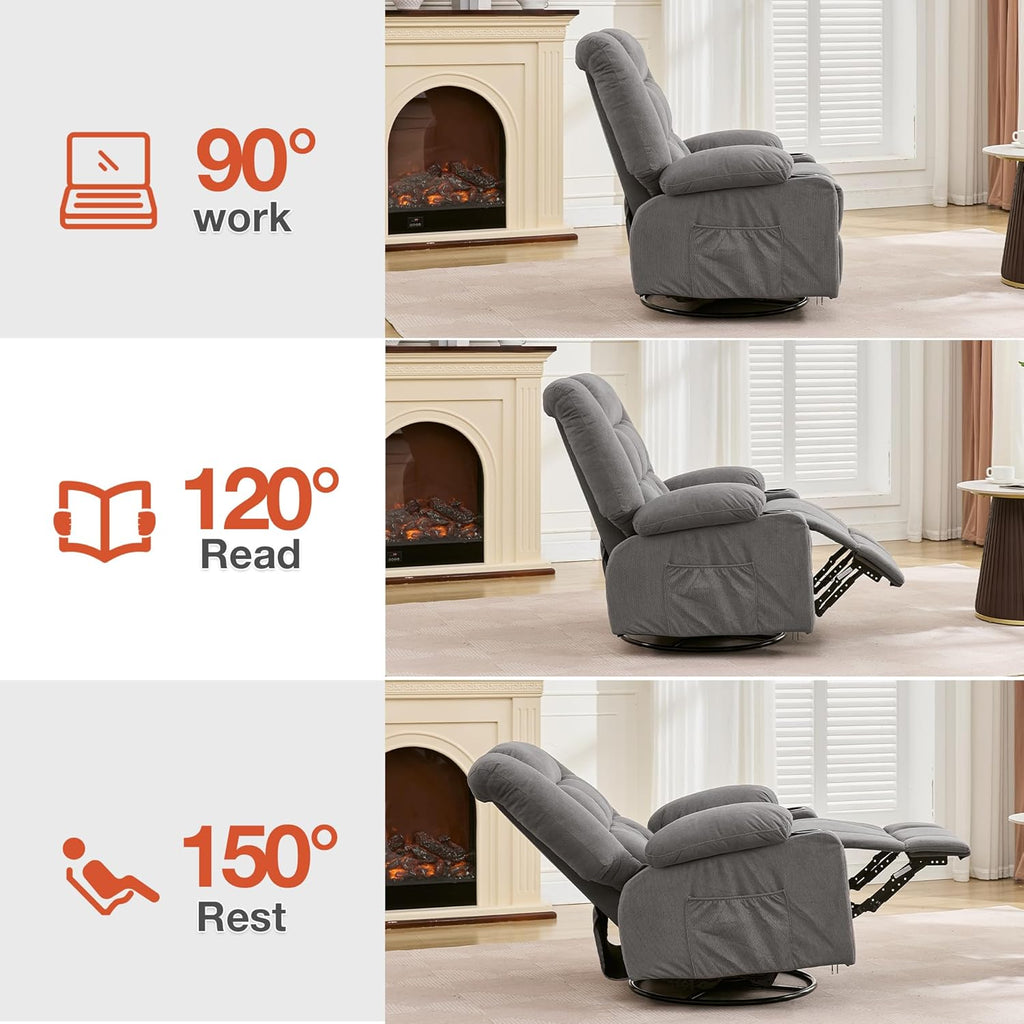 Rocker Recliner Chair with Heating and Kneading Massage for Adults,360°Swivel Rocker Recliner with Cup Holder and USB Charge Port for Living Room,Bedroom, Nursery