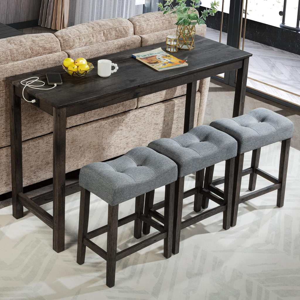 KEIKI 4-Piece Bar Table Set with Power Outlet, USB Ports, and 3 Padded Stools, Dining & Game Room Furniture, Sturdy Wooden Frame, Rustic Faux Wood Design, Dark Gray