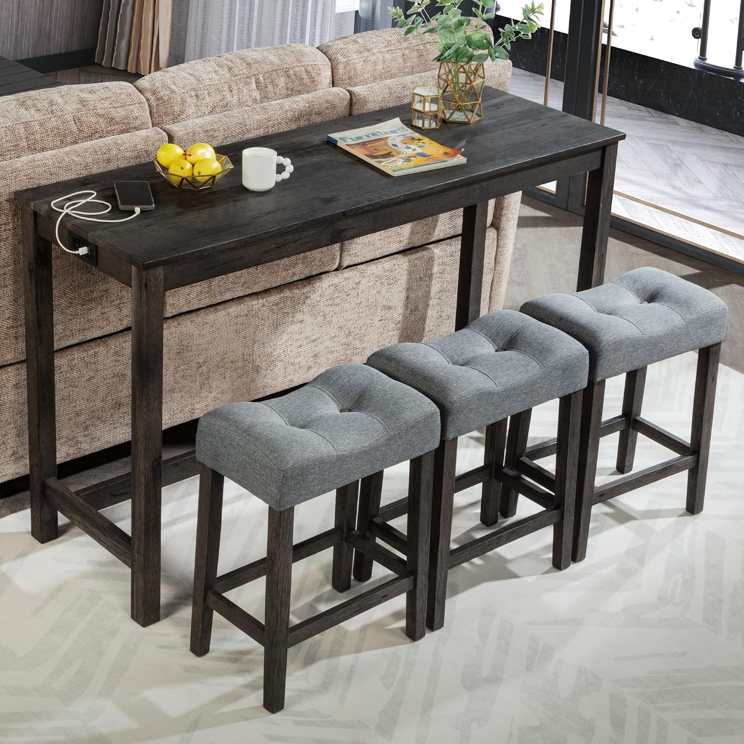 KEIKI 4-Piece Bar Table Set with Power Outlet, USB Ports, and 3 Padded Stools, Dining & Game Room Furniture, Sturdy Wooden Frame, Rustic Faux Wood Design, Dark Gray