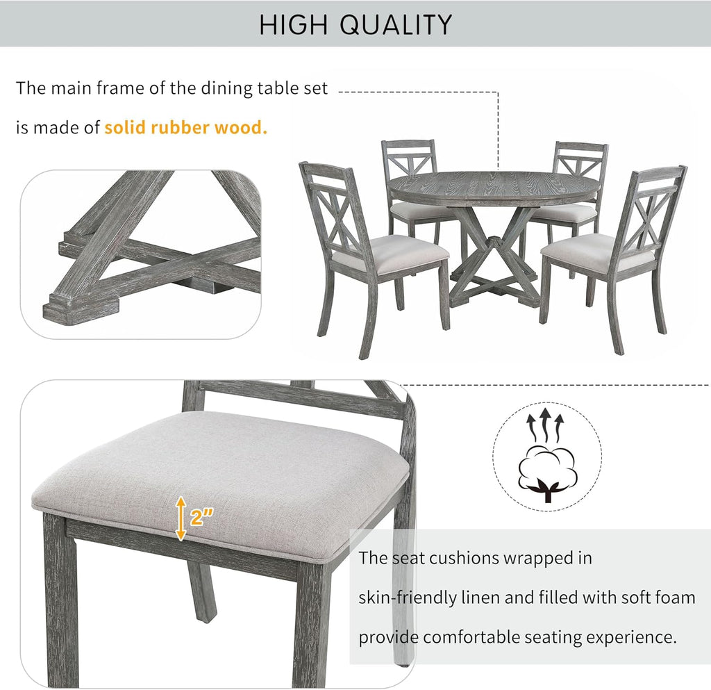 Merax Extendable Round Dining Table Set for 4, Farmhouse Kitchen Table Set with 4 Upholstered Chairs for Kitchen, Dining Room, Living Room, Grey