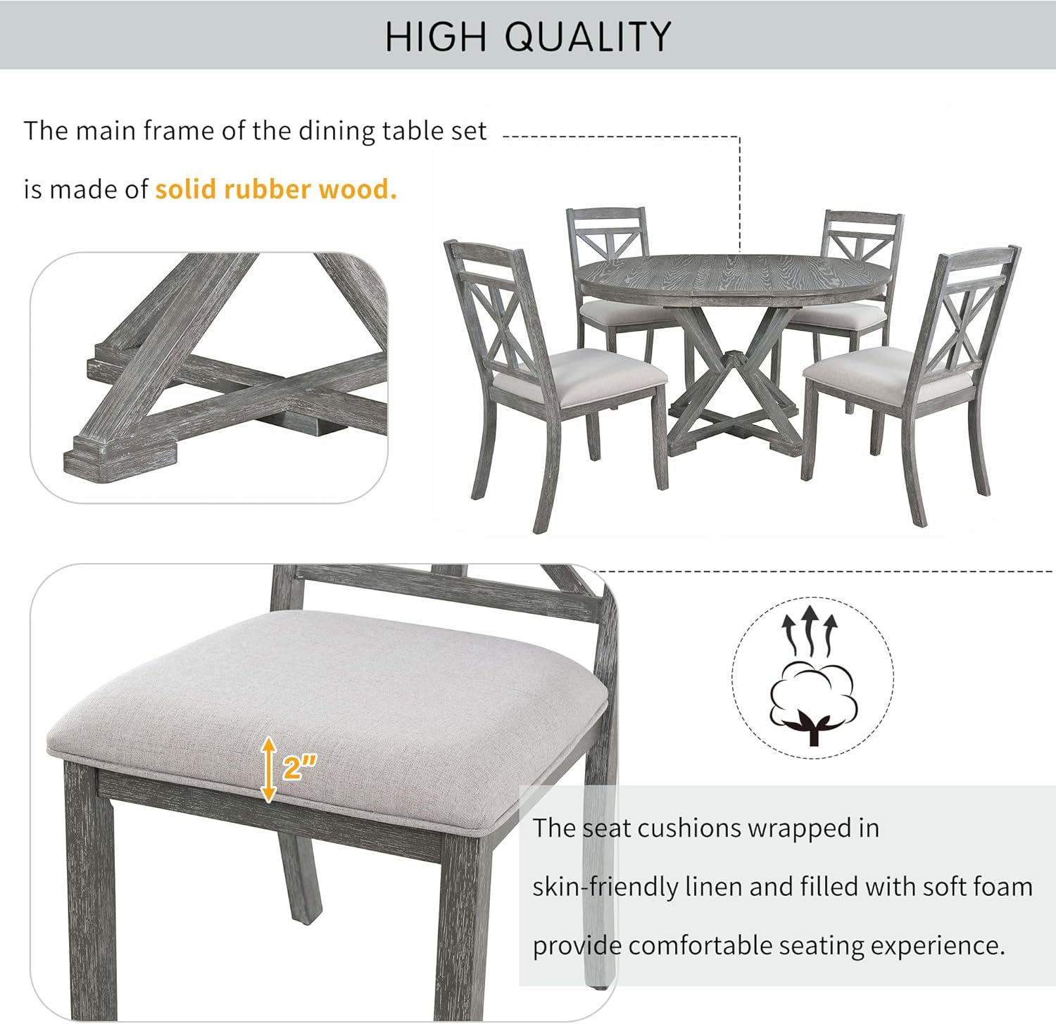 Merax Extendable Round Dining Table Set for 4, Farmhouse Kitchen Table Set with 4 Upholstered Chairs for Kitchen, Dining Room, Living Room, Grey
