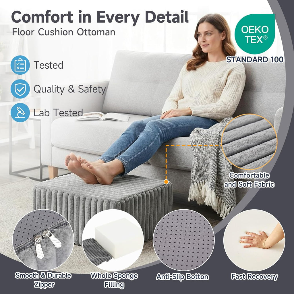 Tiita Suqre Stuffed Pouf Ottoman, Stripe Poufs 21×21×10 inch with Foam Chunk Filling, Floor Bean Bag Floor Chair Storage for Living Room Bedroom Home Decor, Grey