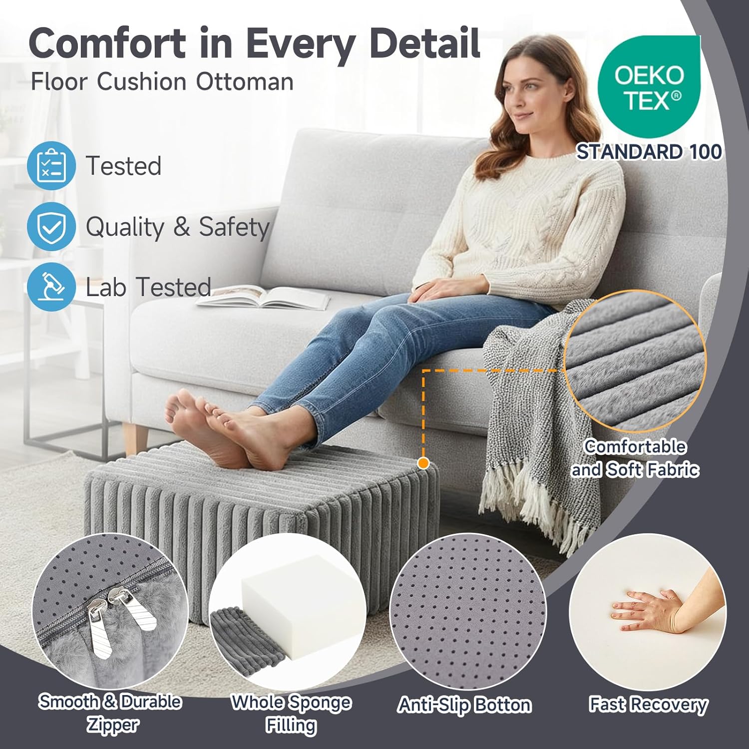 Tiita Suqre Stuffed Pouf Ottoman, Stripe Poufs 21×21×10 inch with Foam Chunk Filling, Floor Bean Bag Floor Chair Storage for Living Room Bedroom Home Decor, Grey