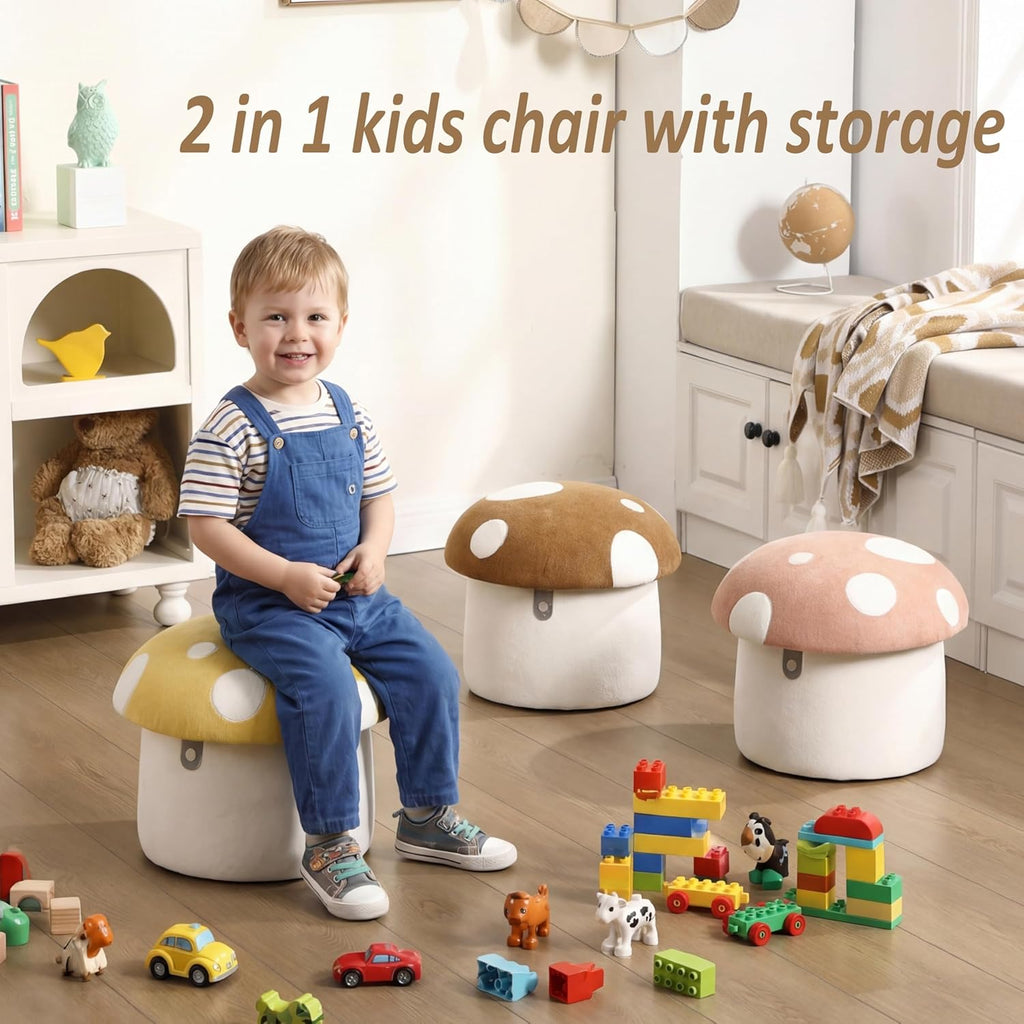 Kids Desk Chairs, Cute Mushroom Storage Ottoman, Mushroom Armchair, Children Round Storage Ottomans, Small Multi-Purpose Footstool for Playroom & Bedroom, Pink Mushroom