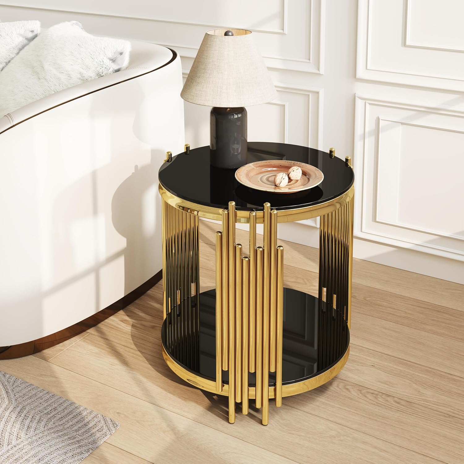 Round Glass End Table, 2-Tier Black Tempered Glass Modern 20" Gold Side Table with Storage, Stainless Steel Frame Accent Table for Small Space, Easy Clean Sofa Side Nightstand for Living Room Bedroom