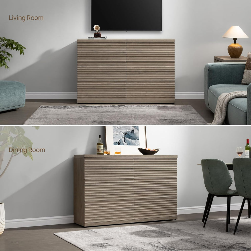 SICOTAS Fluted Sideboard Buffet Cabinet with Storage, Modern Credenza Storage Cabinet with 3 Larger Drawers, Mid Century Coffee Bar Table for Living Room Entryway Kitchen, Grey Alder (2 PCS)