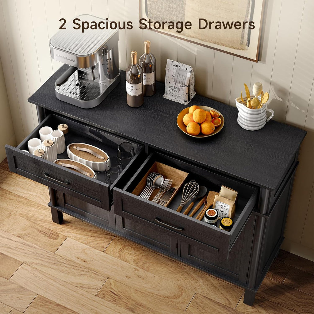55 Inches Sideboard Buffet Cabinet with Storage, Farmhouse Sideboard Buffet w/2 Drawers and 3 Doors, Kitchen Cabinet with Adjustable Shelf, Wood Kitchen Console Table for Living Room, Hallway, Black