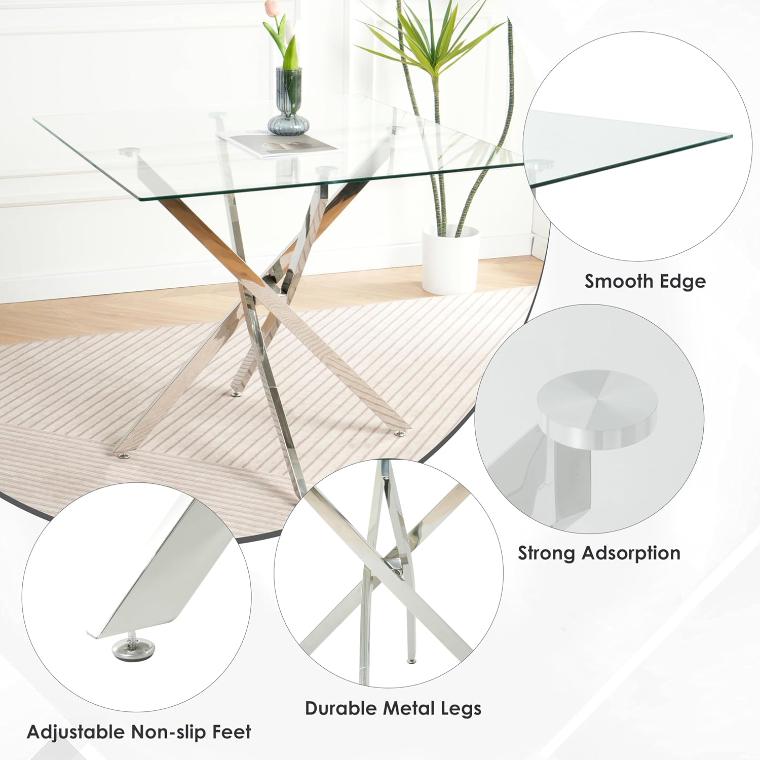 5 Pieces Silver Glass Dining Table Set, Modern Luxury Square Kitchen Table Set for 4, 36'' Clear Minimalist Glass Top Dinner Set, Beige High-end Tufted Chairs, for Small Place Living Room