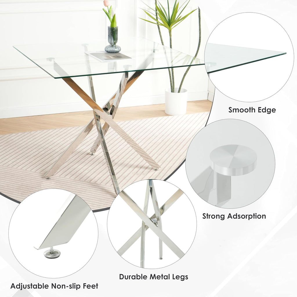 5 Piece Silver Luxury Glass Dining Set, Modern Minimalist Kitchen Table Set for 4, 36'' Clear Square Glass Top Dinner Room Set, Grey High-end Tufted Chairs, for Small Place Living Room