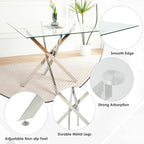 5 Piece Silver Luxury Glass Dining Set, Modern Minimalist Kitchen Table Set for 4, 36'' Clear Square Glass Top Dinner Room Set, Grey High-end Tufted Chairs, for Small Place Living Room