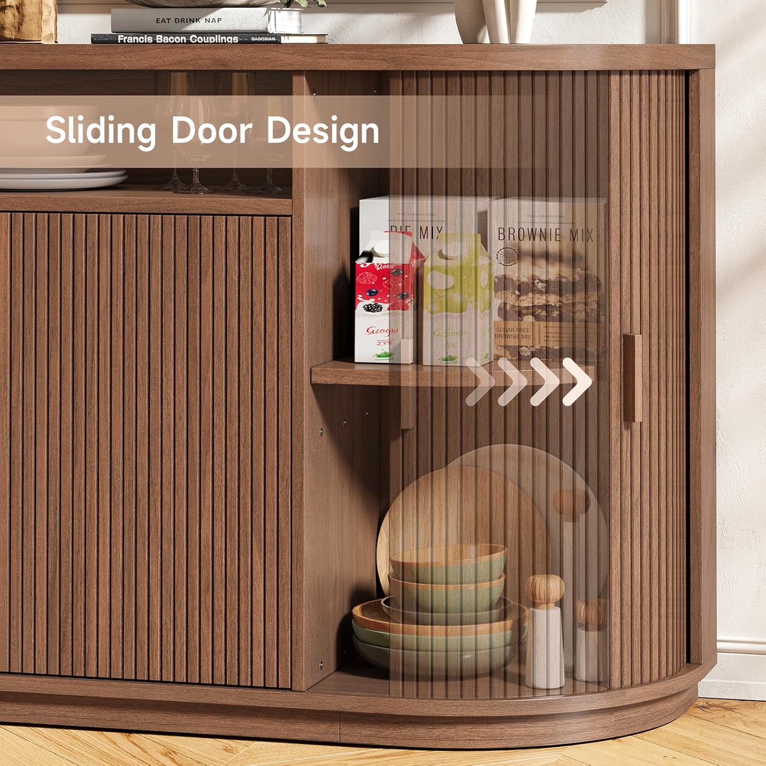 63" Sideboard Buffet Cabinet with Storage, Modern Fluted Accent Credenza with Sliding Doors, Drawers and Adjustable Shelves, Wood Coffee Bar Console Table for Kitchen, Living Room, Enrtyway (Walnut)