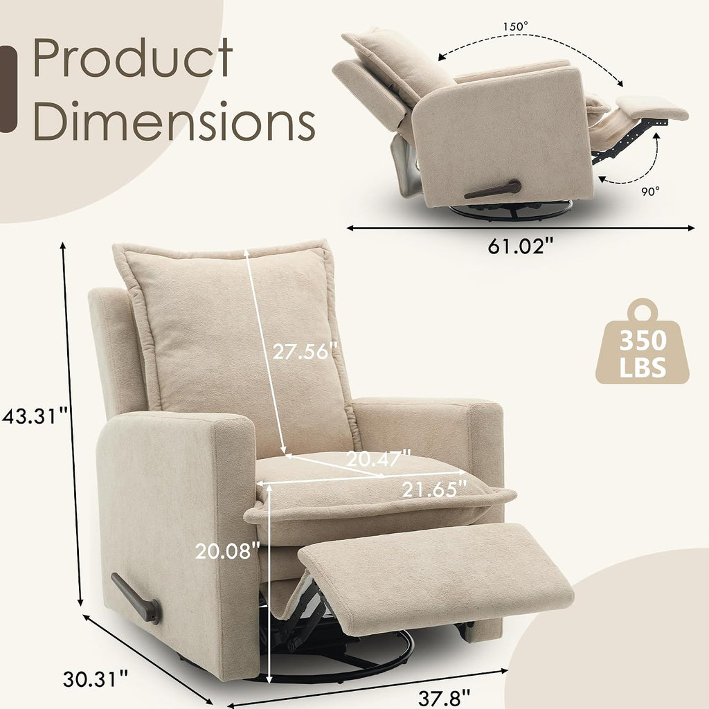 Nursery Glider Recliner Rocking Chair Modern Adult Nursery Recliner High Back Nursery Swivel Rocker Recliner for Living Room Bedroom Nursery and RV Beige