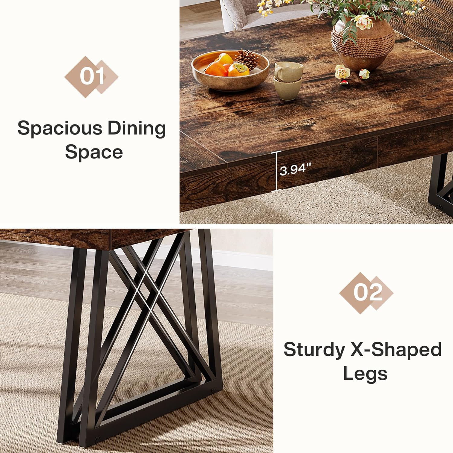 Tribesigns 63-Inch Dining Table for 4-6, Industrial Farmhouse Kitchen Table with Reinforced X-Shaped Metal Legs for Dining & Living Room, Kitchen, Vintage Brown and Black