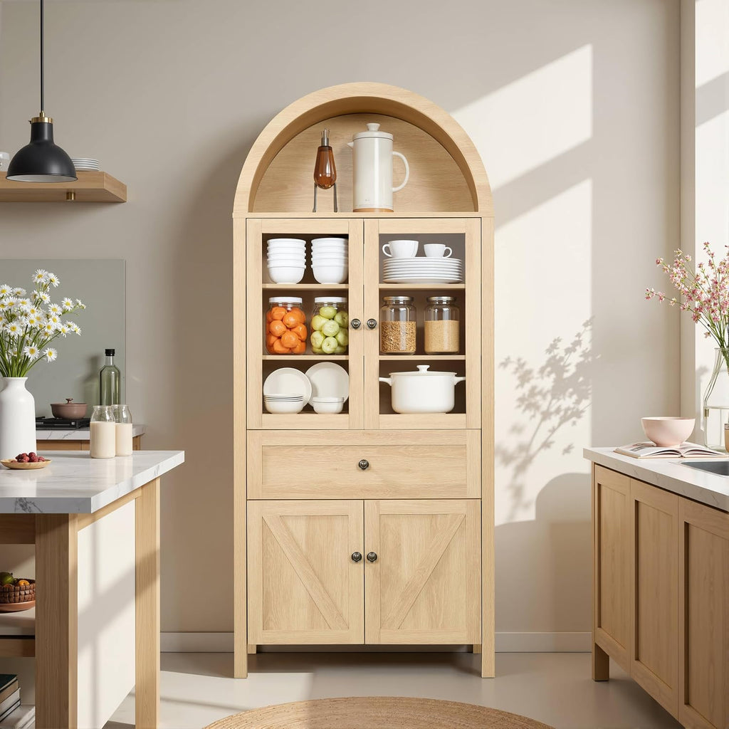 Retro Curved Cabinet, Arched Bookcase with Glass Doors, Natural Wood Display Cabinet with Drawer and Adjustable Shelves, Modern Storage Cabinet for Living Room, Dining Room and Office