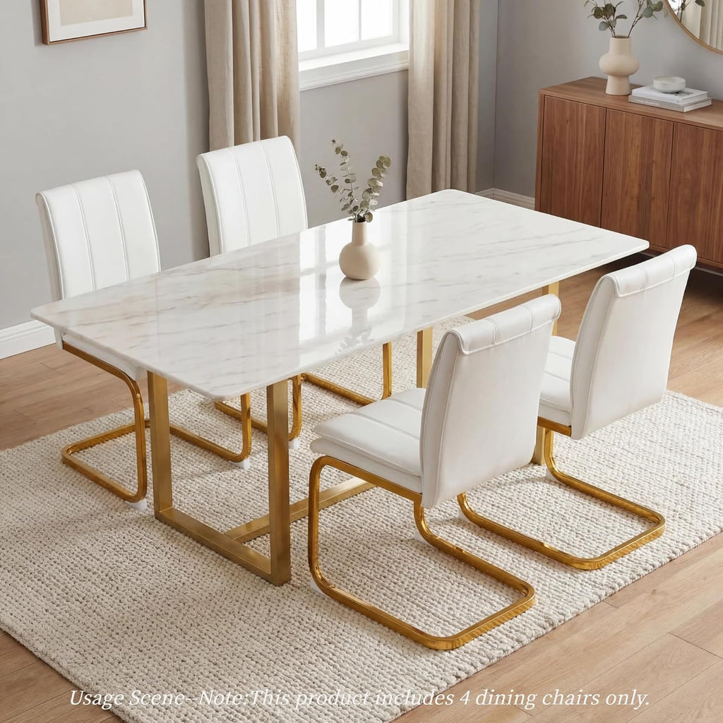 Meihua Dining Chairs Set of 4, PU Leather Modern Chairs with High Back and Metal Frame, Ergonomic Dining Room Chairs for Home, Office and Restaurant, White and Gold