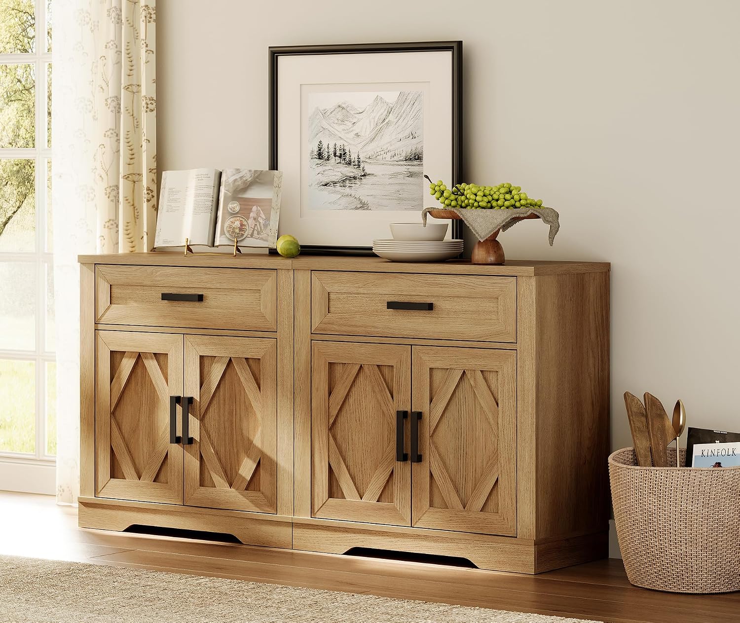 WAMPAT 2-in-1 Vintage Farmhouse Style Buffet Sideboard Cabinet with Storage, 63-inch Rustic Wood Accent Cabinet with Drawers and Barn Doors for Kitchen, Coffee Bar,Walnut