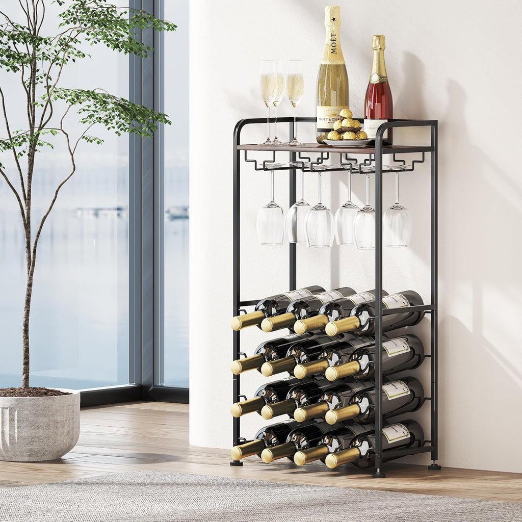 Freestanding Floor Wine Rack,16 Bottles Wine Shelf for Kitchen,Dining Room,Home,Office, Bar,Perfect Combination of Wood and Metal, Easy to Install