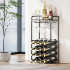 Freestanding Floor Wine Rack,16 Bottles Wine Shelf for Kitchen,Dining Room,Home,Office, Bar,Perfect Combination of Wood and Metal, Easy to Install