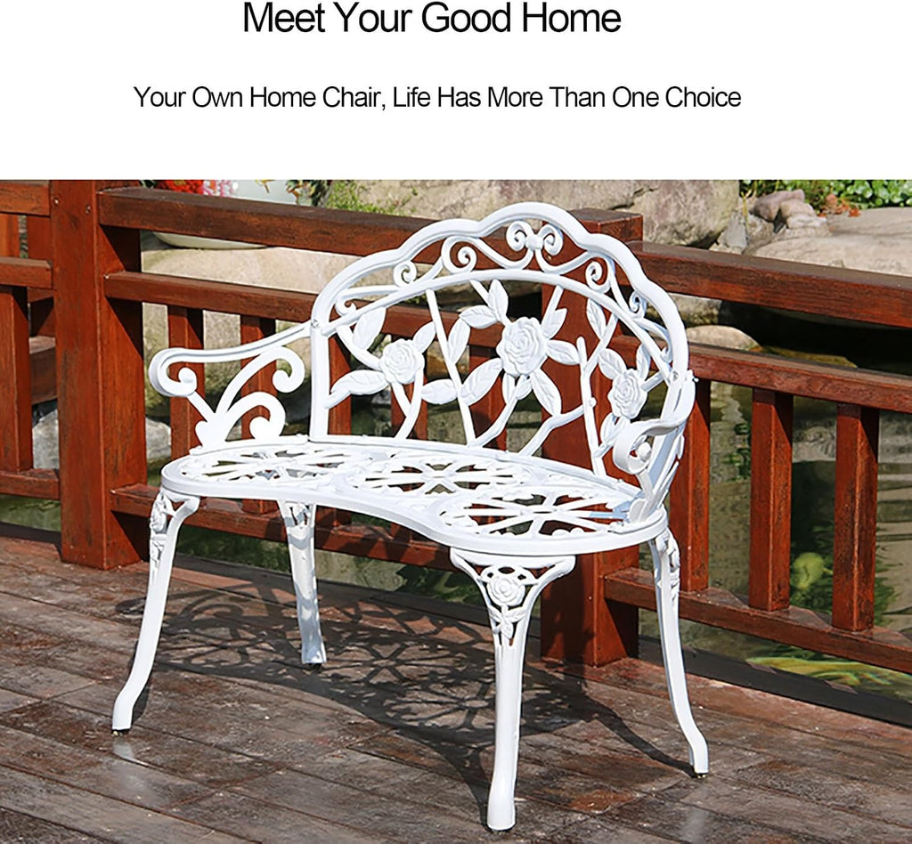 Patio Bench Double Seat, Cast Aluminum Outdoor Furniture with Floral Rose for Patio, Park, Lawn, Yard(C1)