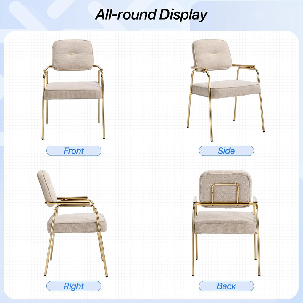 HENGJIANYI Accent Chair Dining Chair Set of 2, Chenille Upholstered Armchair Reading Side Chair, Comfy Living Room Chair with Gold Metal Legs for Bedroom Waiting Room, Beige