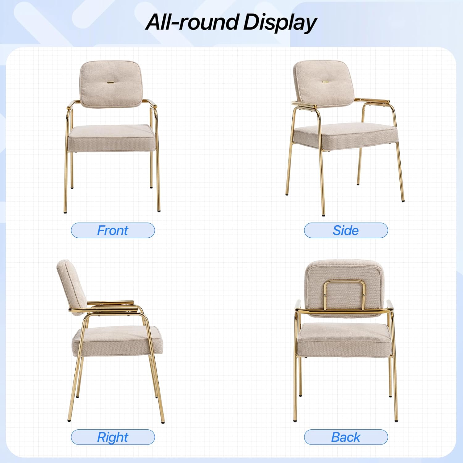 HENGJIANYI Accent Chair Dining Chair Set of 2, Chenille Upholstered Armchair Reading Side Chair, Comfy Living Room Chair with Gold Metal Legs for Bedroom Waiting Room, Beige
