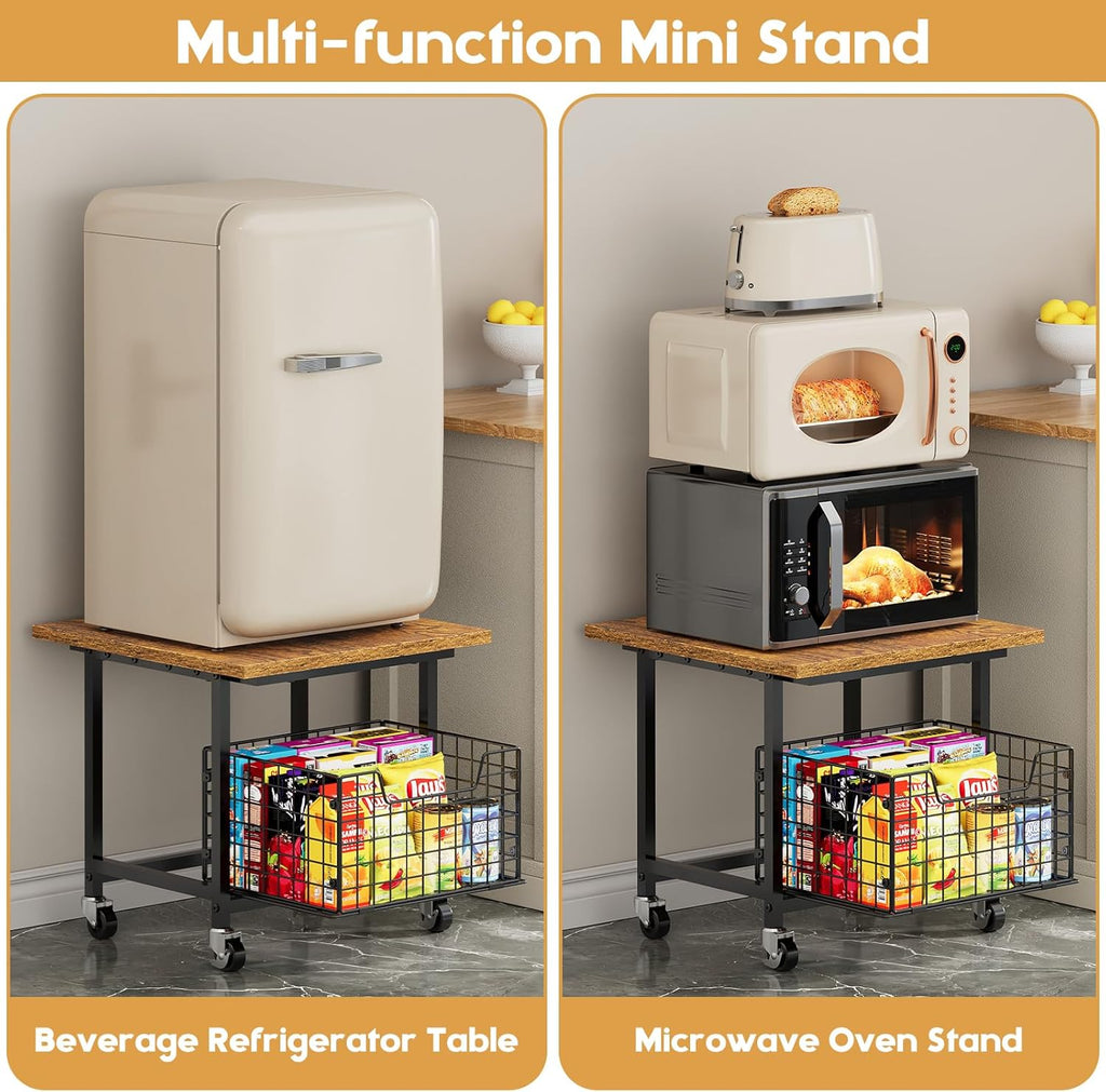 Mini Fridge Stand with Storage, Small Refrigerator Stand with Wheels, Rolling Mini Fridge Cart-Max Load 300 LBS Heavy Microwave Printer Stand Utility Cart for Dorm, Apartment, Kitchen, Office (Brown)