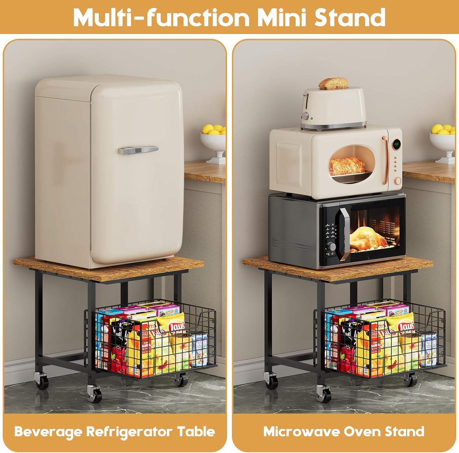 Mini Fridge Stand with Storage, Small Refrigerator Stand with Wheels, Rolling Mini Fridge Cart-Max Load 300 LBS Heavy Microwave Printer Stand Utility Cart for Dorm, Apartment, Kitchen, Office (Brown)