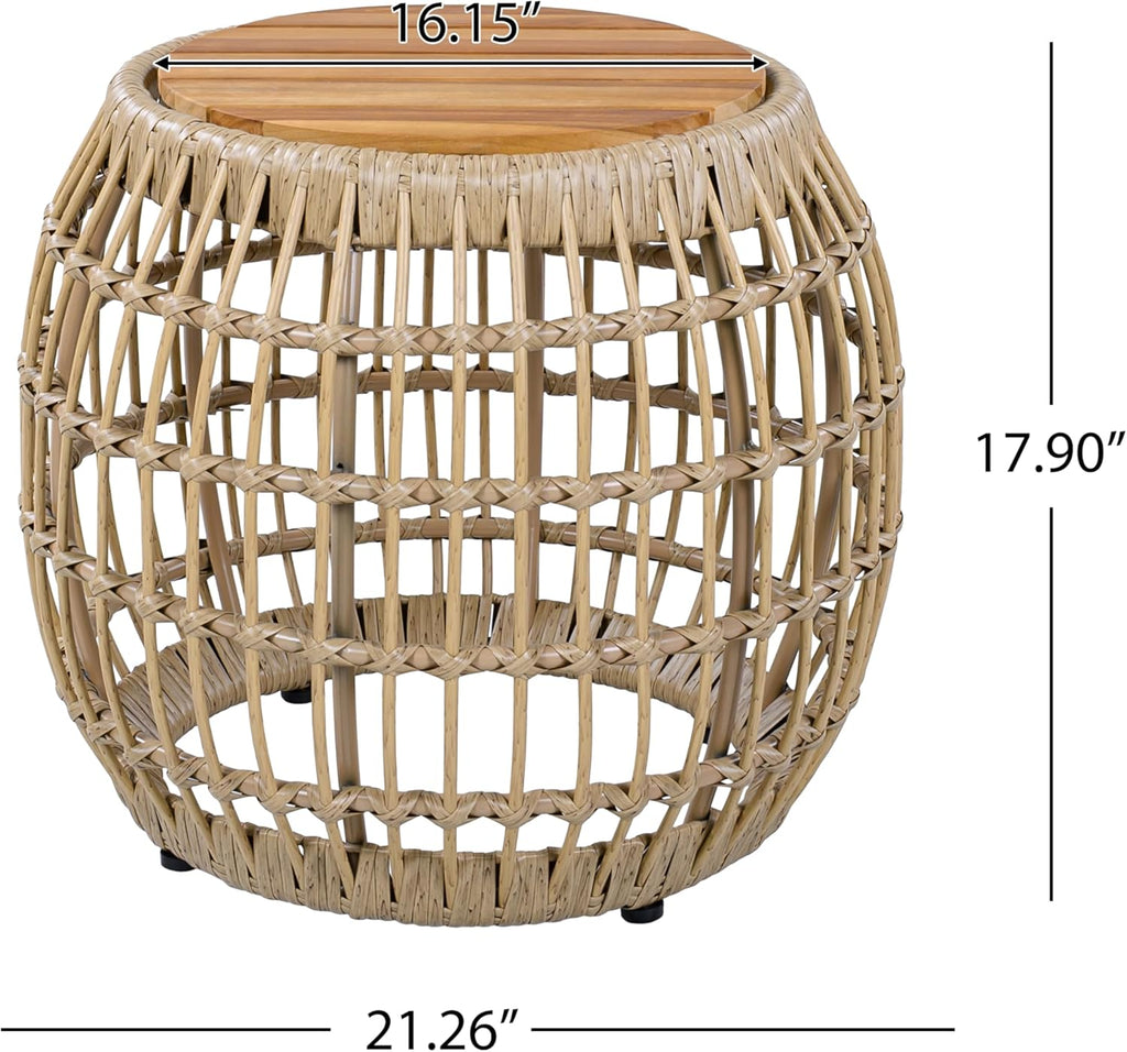 ø21.26'' Boho Side Table Wicker End Table for Living Room Outdoor & Indoor, Wood Tabletop & Wicker Baese, Modern Retro Farmhouse Style, No Assembly, Light Brown