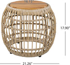 ø21.26'' Boho Side Table Wicker End Table for Living Room Outdoor & Indoor, Wood Tabletop & Wicker Baese, Modern Retro Farmhouse Style, No Assembly, Light Brown