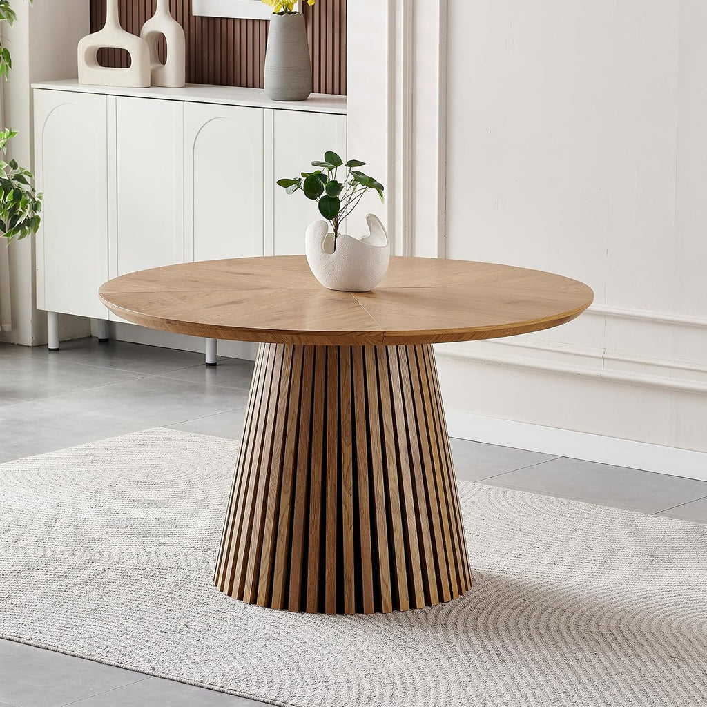 Modern Round Dining Table with Fluted Pedestal Base, Natural Wood Finish, 47.24 Inch Diameter, Contemporary Kitchen Table for Living Room and Dining Room