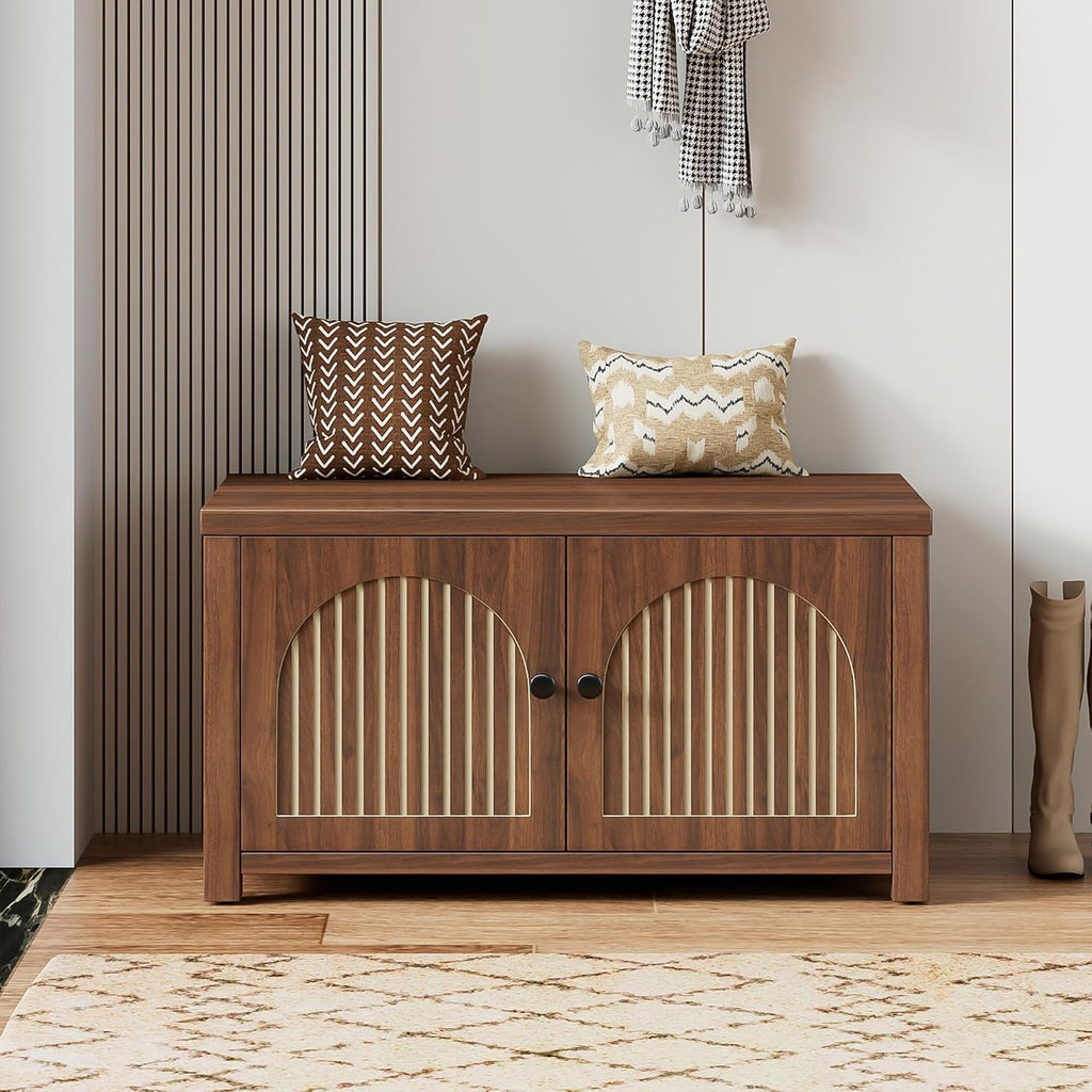 Fluted Storage Bench with Storage, Small Entryway Shoe Bench, Bedroom Storage Bench, Wood Shoe Organizer, Mid Century Modern Cabinet with 2 Doors, Adjustable Shelf, Hallway, Living Room, Walnut