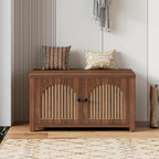 Fluted Storage Bench with Storage, Small Entryway Shoe Bench, Bedroom Storage Bench, Wood Shoe Organizer, Mid Century Modern Cabinet with 2 Doors, Adjustable Shelf, Hallway, Living Room, Walnut