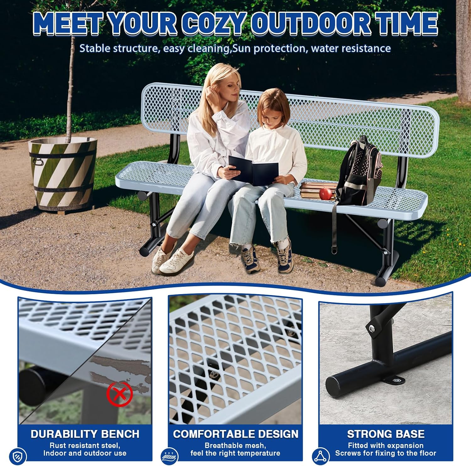 Heavy Duty Park Bench for Outside, Metal Park Bench with Back Portable Frame, Outdoor Steel Mesh Garden Bench with Backrest for Garden, Lawn, Patio, Porch, Park, Yard (Grey, 6FT/73INCH)