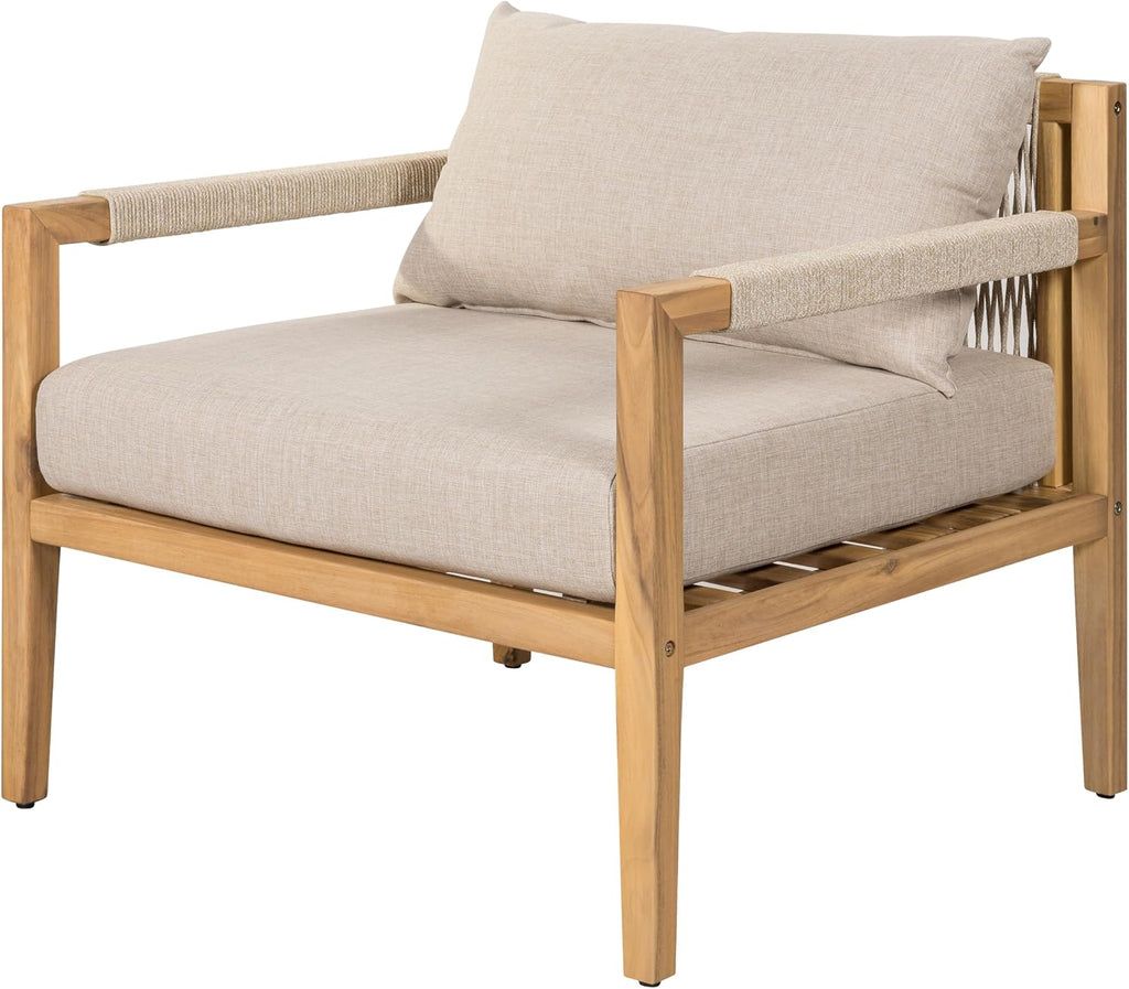 Acacia Wood Outdoor Lounge Chair, Wooden Patio Accent Chairs with Beige Rope Weave & Weather-Resistant Cushions, Comfy Reading Armchair for Porch, Deck, Garden