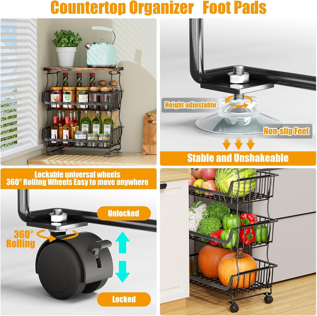 Gsiekare Fruit Vegetable Basket for Kitchen, 5 Tier Stackable Fruit Vegetable Storage Baskets with Wheels, Metal Wire Storage Basket Organizer Baskets for Kitchen, Pantry, Bathroom
