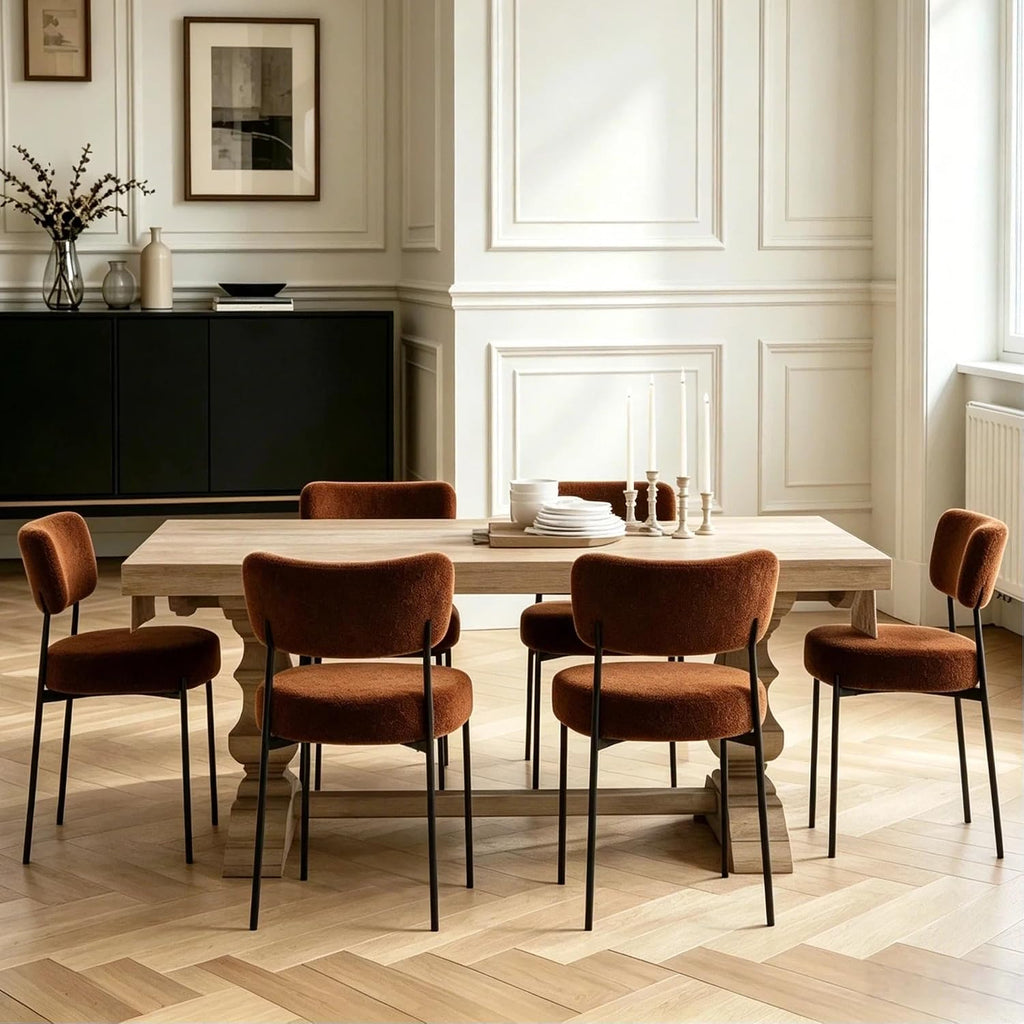 Boucle Dining Chair Set of 8, Mid Century Modern Upholstered Kitchen Chairs with Curved Backrest & Black Metal Legs, Round Dining Room Chairs, Brown