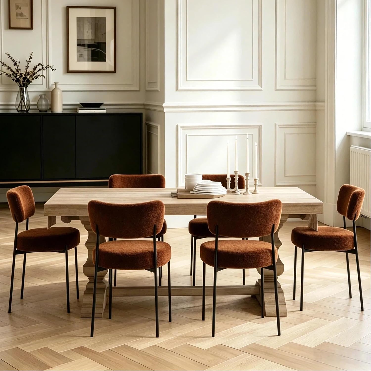 Boucle Dining Chair Set of 2, Mid Century Modern Upholstered Kitchen Chairs with Curved Backrest & Black Metal Legs, Round Dining Room Chairs, Brown