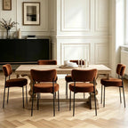 Boucle Dining Chair Set of 6, Mid Century Modern Upholstered Kitchen Chairs with Curved Backrest & Black Metal Legs, Round Dining Room Chairs, Brown
