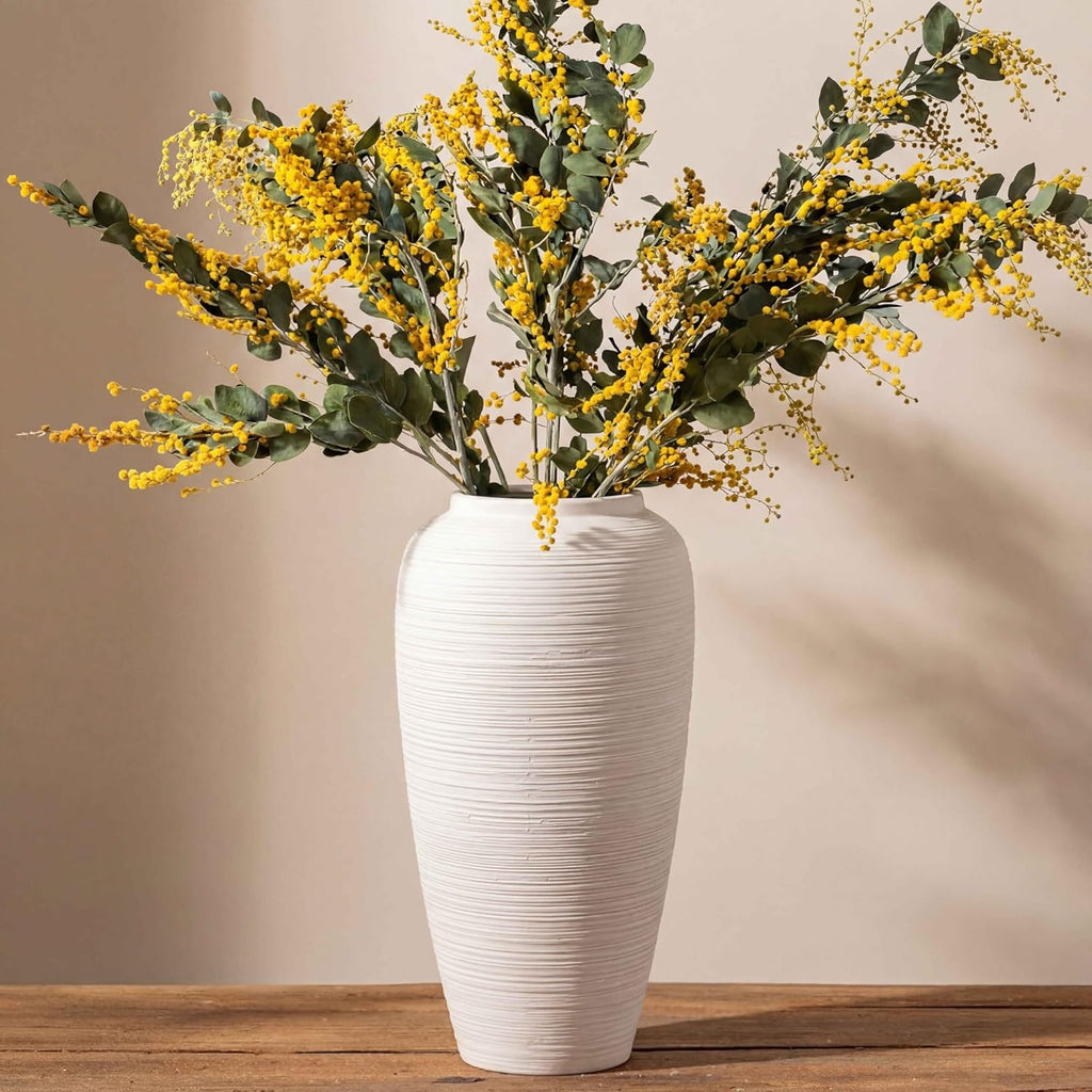 Off-White 12.6” Ceramic Vase for Home Decor, Farmhouse & Boho Decorative Pottery Vase for Table Centerpiece, Mantel, Shelf, Living Room, Kitchen, and Entryway (White Ribbed - 12.6" Tall)