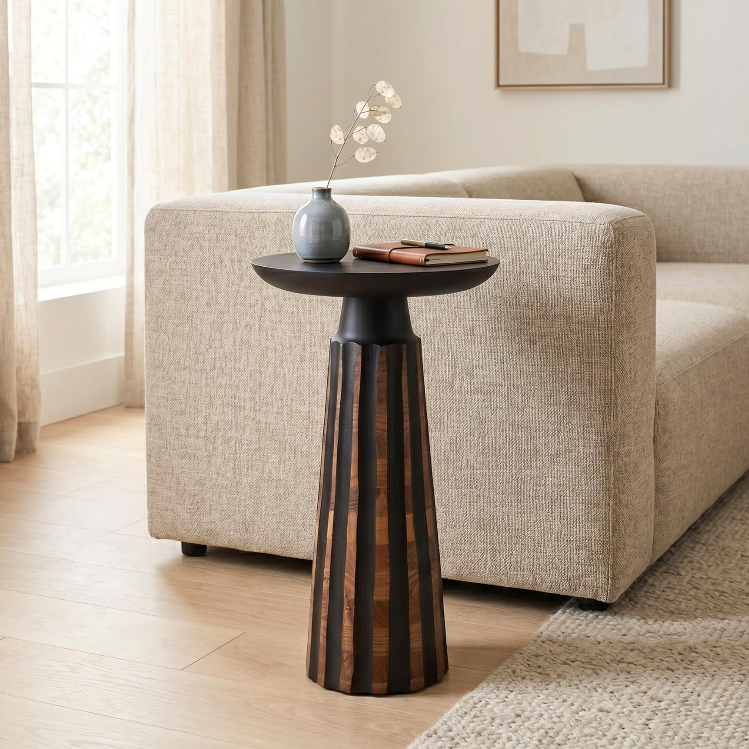 Modern Black & Walnut Wood Accent Table – Handcrafted Drum Pedestal Side Table for Living Room, Bedroom, or Office – Sleek Round Top with Textured Carved Base Black