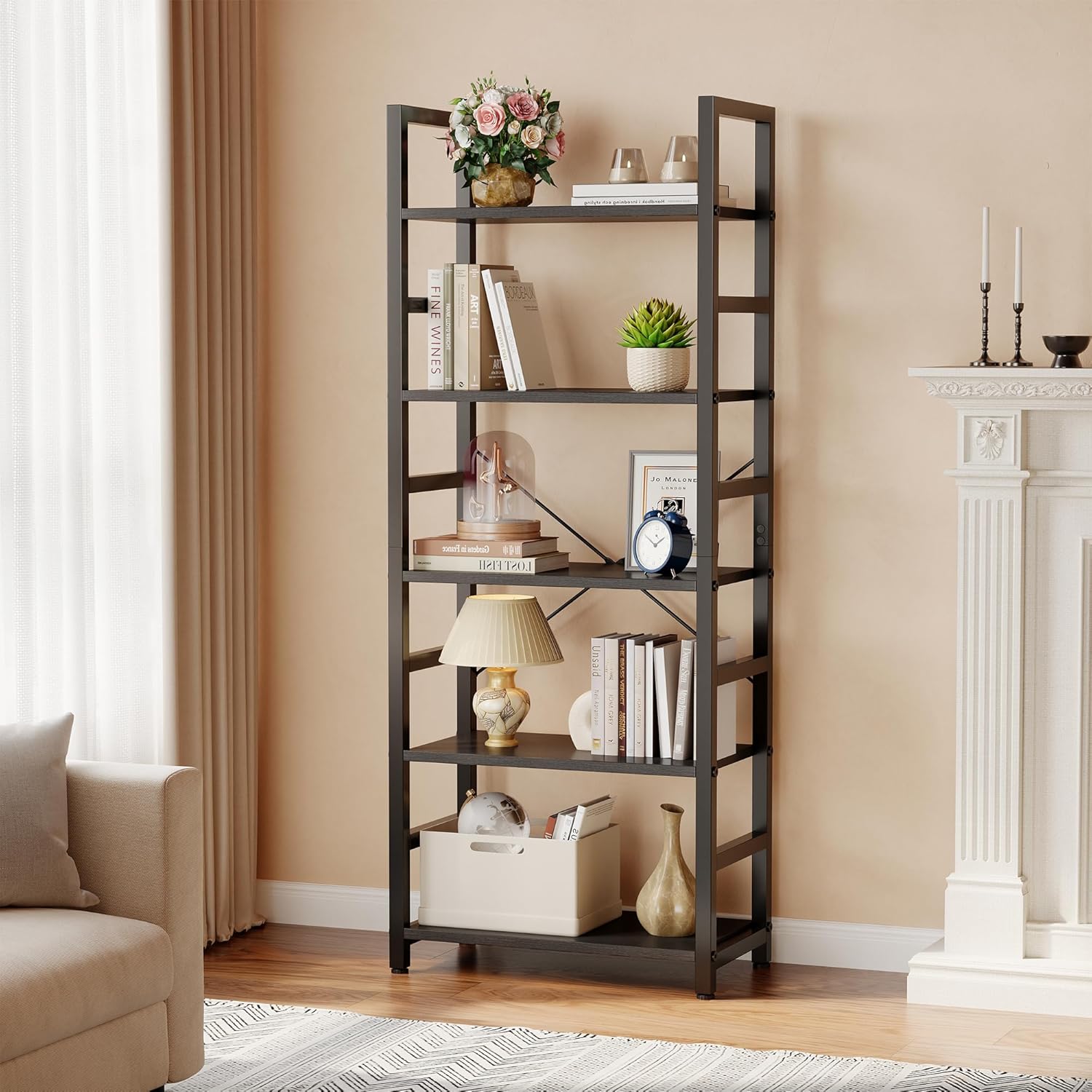 DUMOS 5-Tier Bookshelf, Modern Tall Bookcase, Open Storage Display Shelf for Living Room, Bedroom, Home Office, Narrow Standing Shelving Unit for Books, CDs, Décor，Modern Black