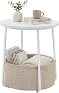 SONGMICS HOME Small Side Table, Round End Table, 2 Tier Nightstand with Basket, U Shaped Steel Legs, Easy Assembly, for Living Room, Bedroom, White and Brown