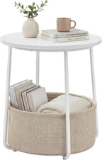 SONGMICS HOME Small Side Table, Round End Table, 2 Tier Nightstand with Basket, U Shaped Steel Legs, Easy Assembly, for Living Room, Bedroom, White and Brown