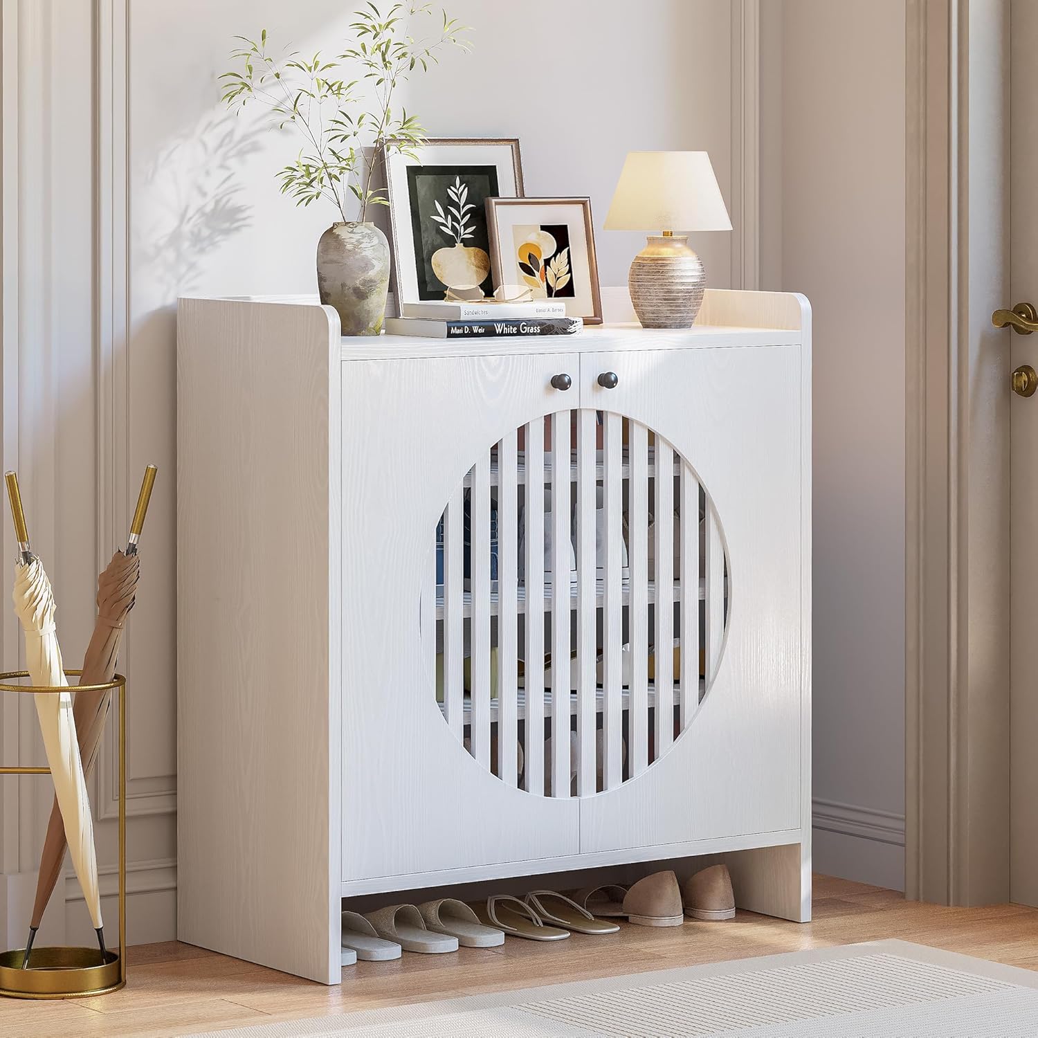 LIKIMIO Shoe Cabinet with Adjustable Shelves, 4-Tier Shoe Storage Cabinet with Slatted Doors, Freestanding Wooden Shoe Cabinet Storage for Entryway, Hallway, Living Room, White